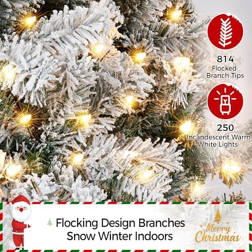Yaheetech 6ft Pre-lit Snow Flocked Pencil Christmas Tree, Green & White