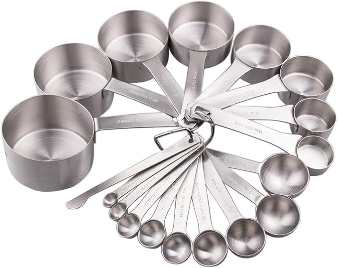 Measuring Cups and Spoons Set, 18/8 Stainless Steel Measuring Cups and Spoons Set for Kitchen & Baking, Heavy Duty Metric & US 8 Measure Cups & 9 Spoons & 1 Leveler