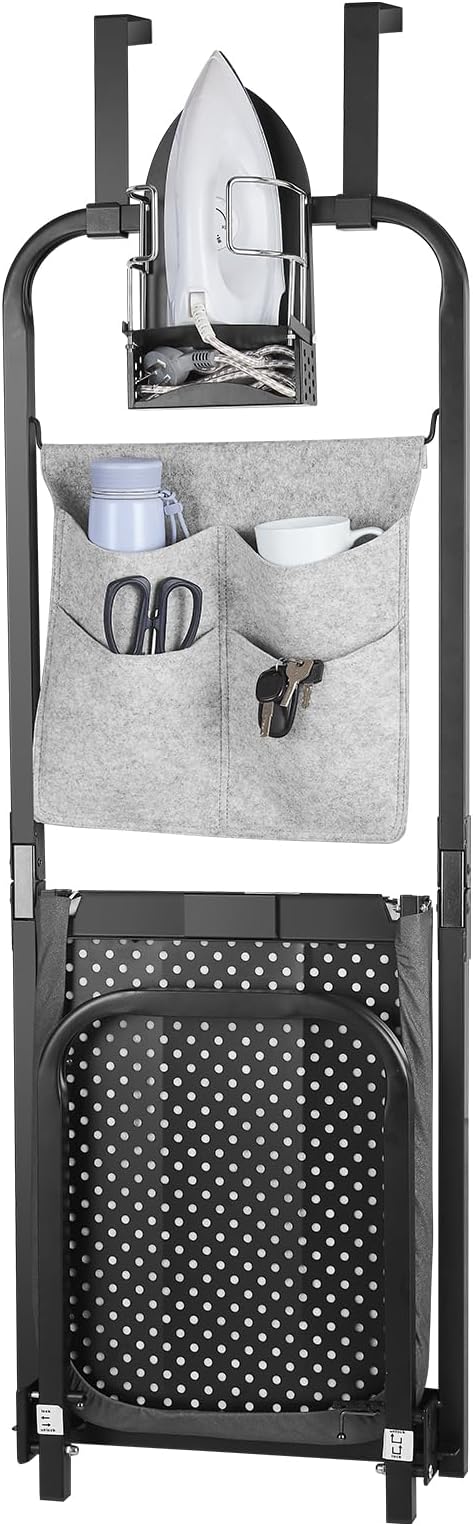 Seiritex Over the Door Ironing Board 13x36 inches with Iron Holder and Pocket Storage Bag, Hanging Iron Board for Home Laundry Room, Black