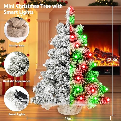 Brizled Snow Flocked Smart Christmas Tree, 22.8in Mini Christmas Tree with 100 LED RGB Lights, App/Voice Control 159+ Scenes Tabletop Xmas Tree USB C Small Tree Work with PD Power for Fireplace Desk