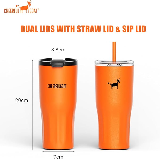 CHEERFUL GOAT Ceramic Lined Coffee Travel Mug – Stainless Steel Travel Coffee Tumbler with Ceramic Liner, with lid, 21 OZ Cup for Hot and Cold Water Coffee at Home, Office, or On the Go (Orange)