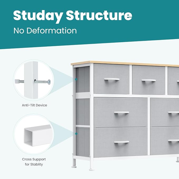 OLIXIS 7 Drawer Closet Organizer Chest, Fabric Storage Tower with Sturdy Steel Frame, Wooden Top & Easy Pull Fabric Bins, Dresser for Bedroom Living Room Entryway Clothes Organization, Light Gray