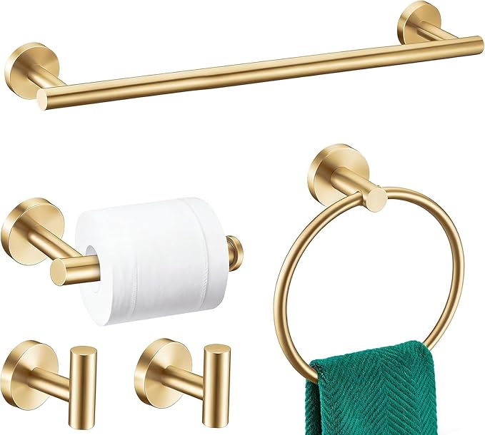 5 Pieces Bathroom Hardware Accessories Set Brushed Gold, 24Inch Bathroom Towel Rack Set SUS304 Stainless Steel, Round Toilet Paper Holder Heavy Duty, Wall Mounted