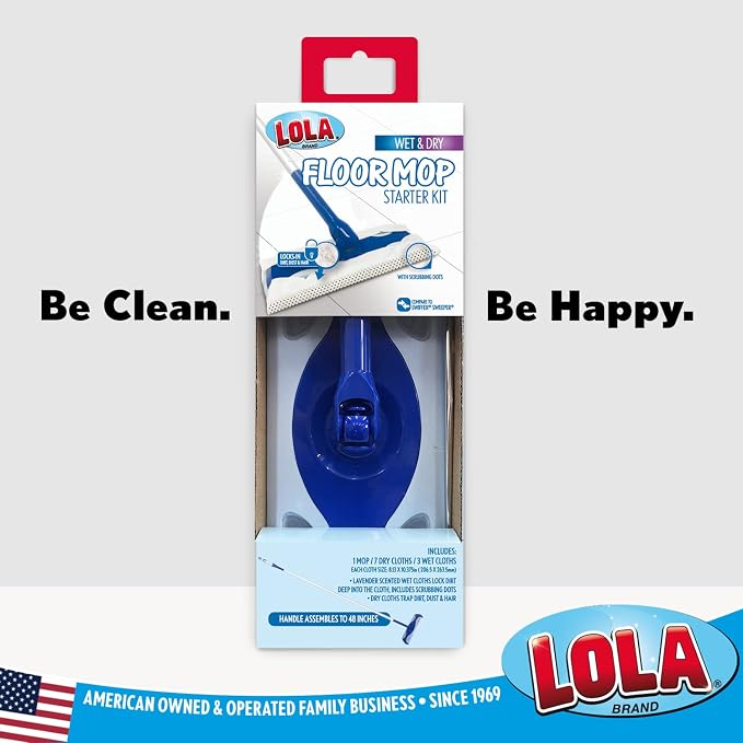 LOLA Wet & Dry Floor Mop Starter Kit Includes 1 Mop, 7 Dry Cloths, 3 Wet Cloths, Snap-in Handle Assembles to 48" Major Brand Comparable