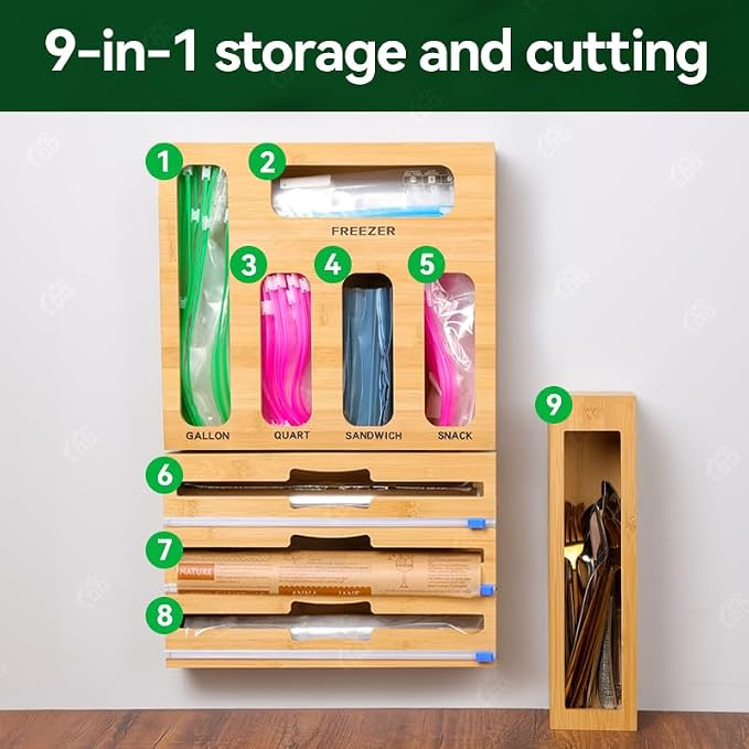 LDQ 9-in-1 Shatterproof Square Bamboo Storage Box - Aluminum Foil Dispensr with Cutter, Reusable Quarter Multi-Functional Sealed Bag Organizer for Kitchen Drawers, Walls, and Cabinetse