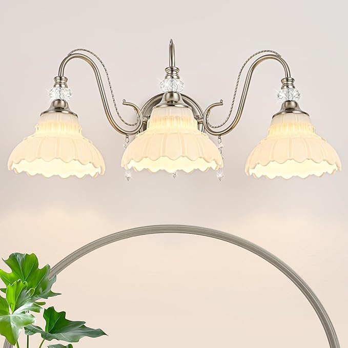Brushed Nickel Bathroom Vanity Light, 3-Light Nickel Finish Wall Sconce with Hanging Crystal Accents and Flower-Shaped White Glass Shades, Modern Wall Mount Vanity Light Over Mirror for Bathroom
