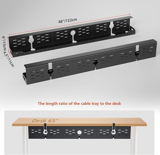 Univivi Under Desk Cable Management Tray - 48" Steel Cord Organizer, No-Drill C-Clamp & Screw Mount for Office/Home, Effortless Wire Management (Black)