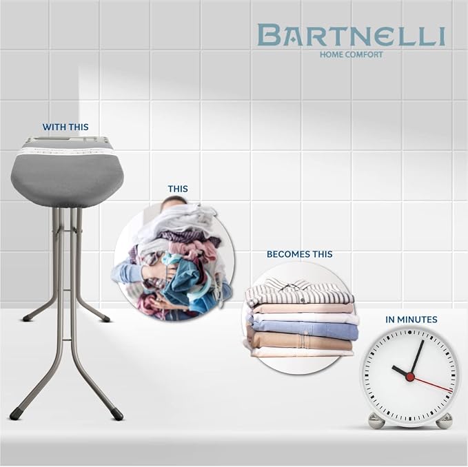 Bartnelli Heavy Duty Ironing Board 48x15 | Designed & Made in Europe with Patent Technology, Turbo & Park Zone, Features: 4 Layer Cover &Pad,Height-Adjustable,4 Premium Steel Legs,Upgraded Iron Rest.