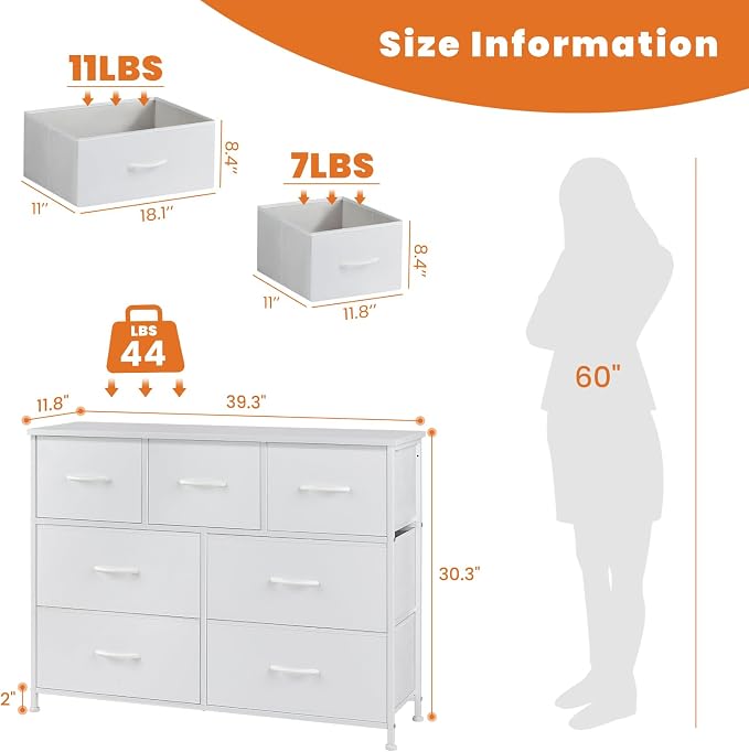 Sweetcrispy 7 Drawer Dresser Storage Organizer with Fabric Bins, White | Sturdy Steel Frame and Wood Top, Easy Pull Handles, for Bedroom Closet Hallway Entryway