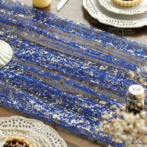 Artoid Mode 10PCS Blue Gold Gauze Table Runner 120 Inch 10FT, Glitter Metallic Foil Sheer Dining Wedding Anniversary Holiday Table Decor for Home Party