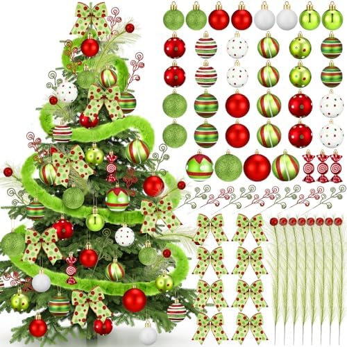 Leitee 109 Pcs Whimsical Christmas Tree Decorations Lime Green Red Ornament
