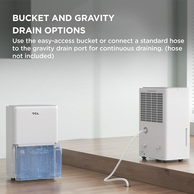 TCL 32-Pint Capacity Quiet, Energy Efficient Portable Dehumidifier, Precise Humidity Control, Bucket or Continuous Drain, Compact Humidity Absorber for Home, Attic, Garage & Rooms up to 3000 Sq Ft