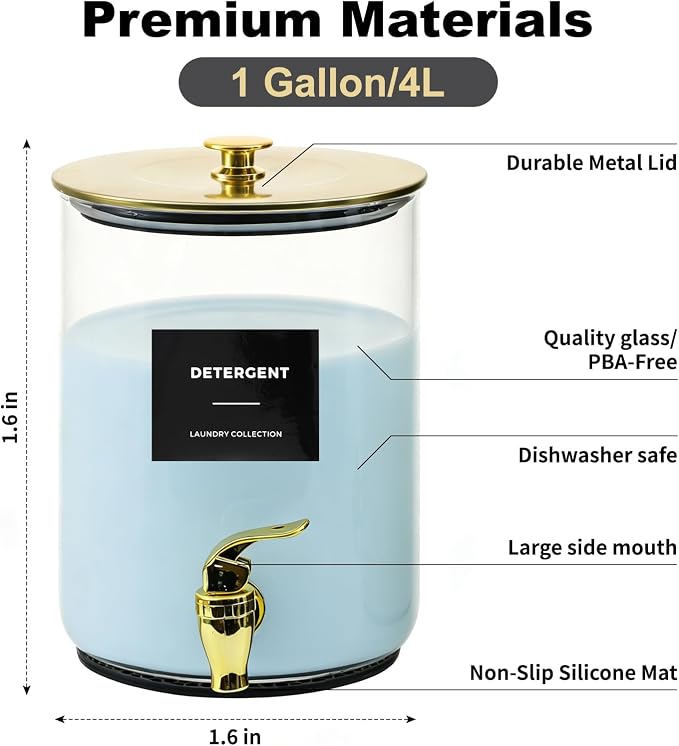 Glass Laundry Detergent Dispenser for Laundry Room Organization-Gold | 1 Gallon Large Liquid Soap Dispenser with Black Metal Lid & Leak-Proof Spigot, 1 Measured Cups, 1 Silicone Mats & 9 Labels