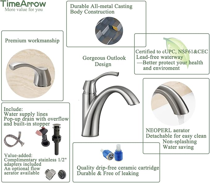 TimeArrow Brushed Nickel 1-Handle Single Hole Bathroom Faucet, 3-Hole Deck Plate, Pop-Up Drain and Water Supply Lines Included, TAF206-BN