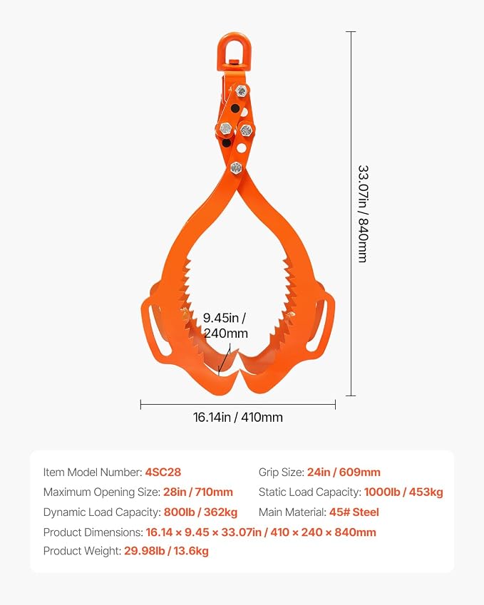 VEVOR 28in Log Lifting Tongs, 4-Claw Log Tongs, Heavy Duty Steel Log Grapple, 1000LBS Lifting Capacity, Swivel Log Graper Timber, Eagle Claw Design, Log Skidding Tongs for Trucks, Tractors, Forklifts