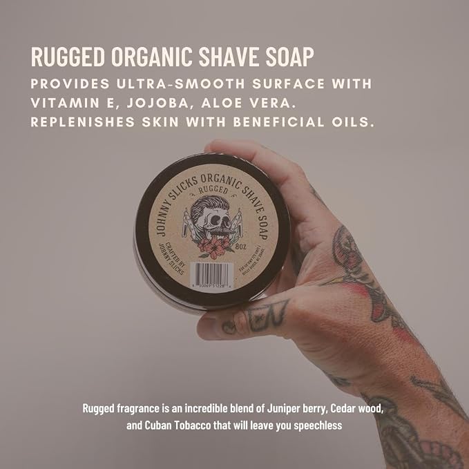 Johnny Slicks Organic Shave Soap - Supports Smooth Shaving - Shea Butter, Tea Tree & Jojoba - Natural Ingredients - Rugged Scent - 8 oz
