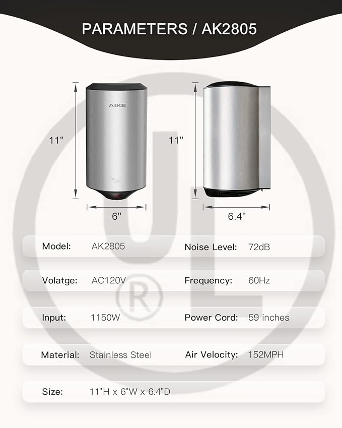 AIKE Air Focus Compact Hand Dryer UL Listed 120V 1350W Brush Stainless Steel Finish