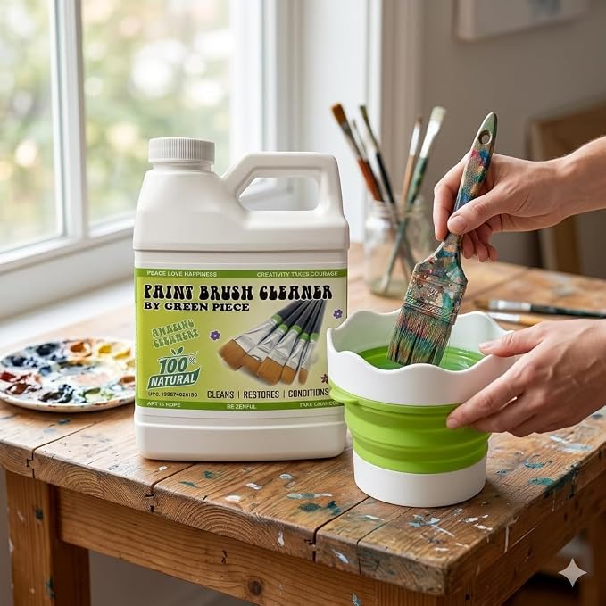 Green Piece® Paint Brush Cleaner & Restorer with Collapsible Silicone Cleaning Container – Natural Non-Toxic – Cleans Acrylic, Latex, Oil & Shellac Paint – Paint Brush Washer Cup – Made in USA – 18 Oz