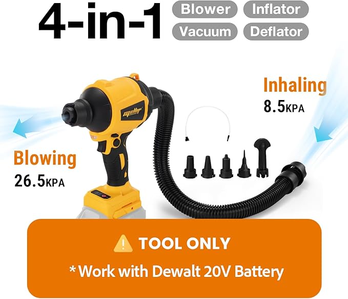 Cordless Compressed Air Duster Compatible with DeWalt 20V MAX Battery (Tool Only), 4-in-1 Portable Blower Inflator Vacuum Deflator, 360MPH, 51,000 RPM Brushless Motor, 3-Speed for PC Cleaning, Air Bed