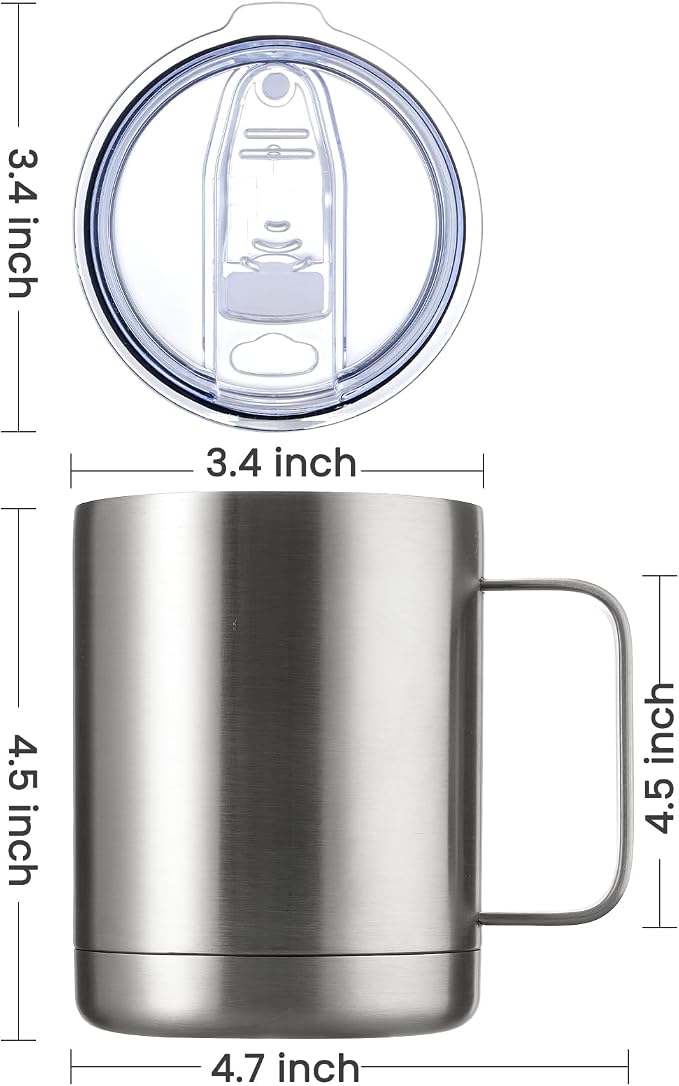 MEWAY 12oz Coffee Mug With Handle 4 Pack Bulk,Stainless Steel Insulated Travel Tumblers With Sliding Lid,Double Wall Vacuum Camping Cup for Hot & Cold Drinks Tea (Sliver,Set of 4)