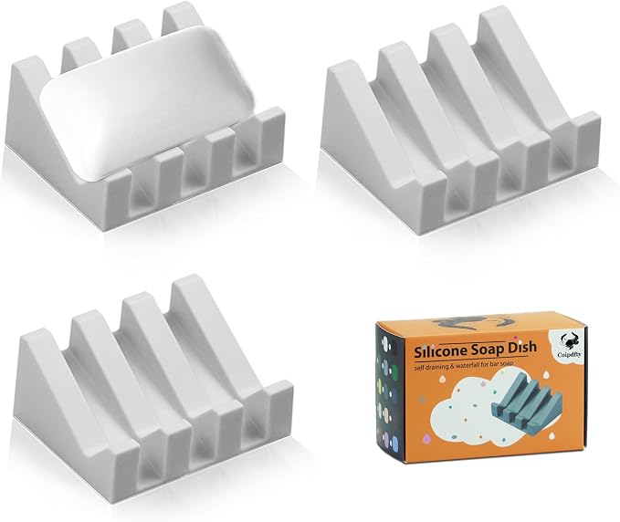 Self Draining Soap Dish Holder,Silicone Soap Dish,for Bathroom,Kitchen, Sponges，Can Extend Soap Life，Keep Soap Bars Dry and Easy Cleaning (N-Light Grey,3-Pack)