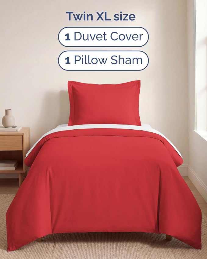 Duvet Cover Twin/Twin XL Size Set - Extra Soft Twin/Twin XL Duvet Cover 68" x 90" with 1 Pillow Sham for Women, Men, Kids & Teens - Breathable, Easy-Care & Fade Free w/ Zipper Closures & Ties (Red)