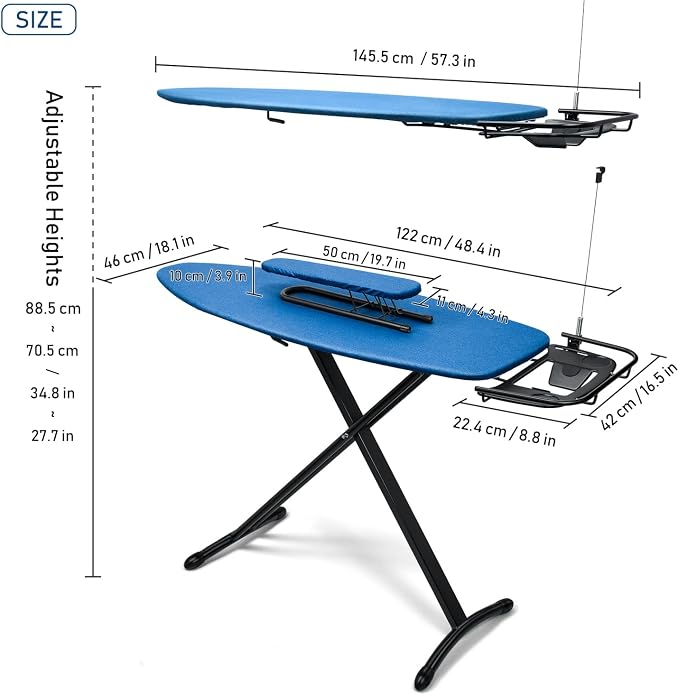 Duwee 18"x48" Deluxe Ironing Board with Retractable Iron Rest | Extra Wide Ironing Board,Heat Resistant Cover and Thicken Padding,Thicken Steel Top Board,with sleeve board,Adjustable Height