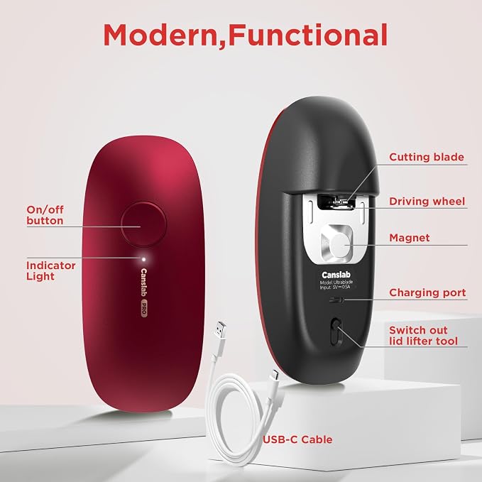 Canslab Ultrablade PRO Electric Can Opener,USB Rechargeable,Smart Auto Stop | Automatic Can Opener for Seniors with Arthritis, Handsfree Side Cut with Smooth Edge, Cordless, Kitchen Wall Mountable, Red