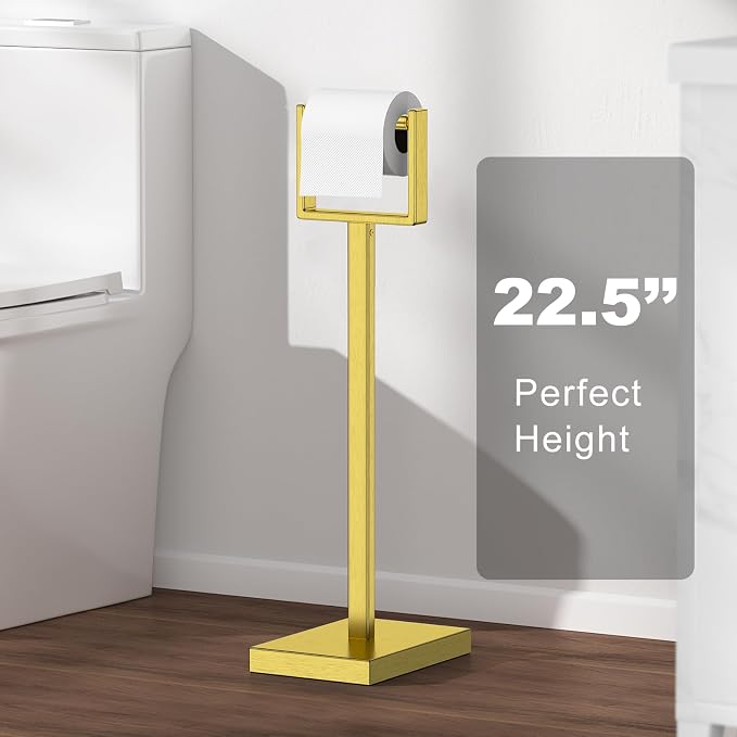 Brass Gold Toilet Paper Holder Stand，Stainless Steel Toilet Paper Holder Free Standing，Stable Weighted Base Floor Tissue Roll Holder for Bathroom，Modern Pivoting Toilet Paper Stand