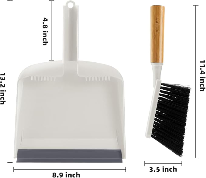 SUBEKYU Dustpan and Brush Set with Bamboo Handle, Hand Mini Broom and Dustpan Set, Small Broom and Dustpan Set for Kitchen/Desktops/Bedroom, White, 1 Set