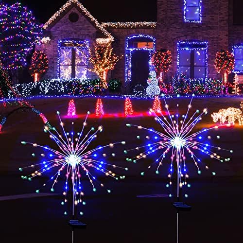 Solar Garden Lights for Outdoor Decor, Waterproof 2 Pack Solar Powered Firework Stake 120 LED Sparklers String Lights for Yard Pathway Christmas Decorations(Colorful)