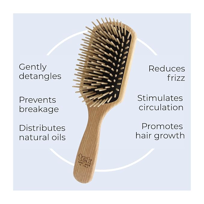 TEK | Rectangular Wooden Hair Brush Big with Long Rounded Teeth in Natural Ash Wood, Ideal for Detangling, Styling and Daily Care of Long and Thick Hair | 22x6cm | Handmade in Italy