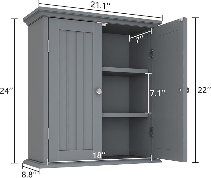 ChooChoo Bathroom Wall Cabinet, Over The Toilet Space Saver Storage Cabinet, Medicine Cabinet with 2 Door and Adjustable Shelves, Cupboard, Grey