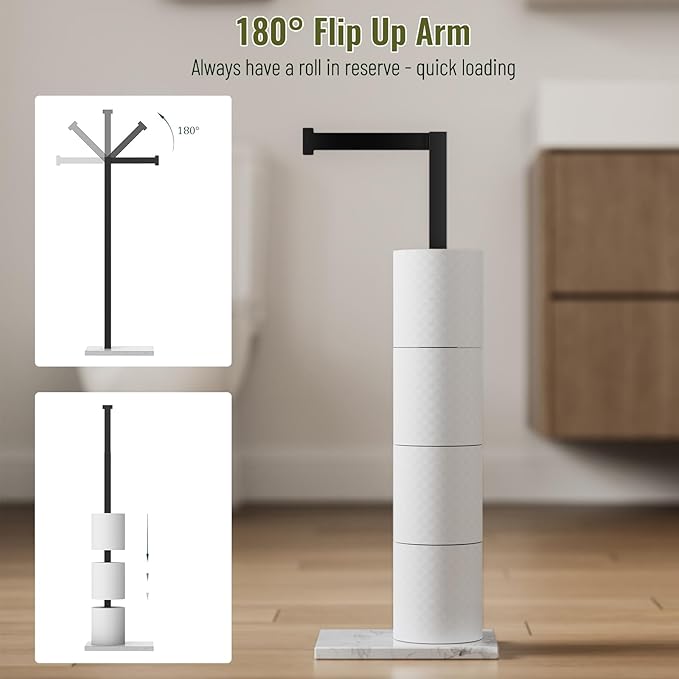 Matte Black Toilet Paper Holder with Marble Base Stand Freestanding Tissue Roll Holder SUS 304 Stainless Steel Rustproof for Pedestal Lavatory with Organization L-Shape Tissue Storage by Homevacious