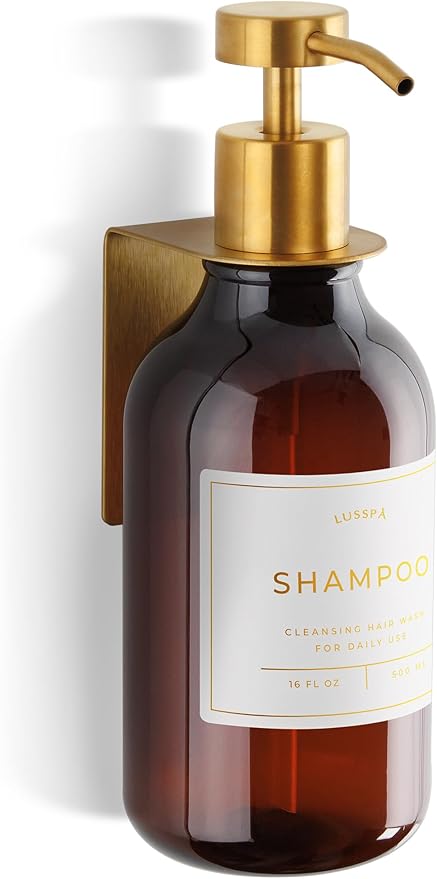Shower Shampoo Dispenser Wall Mounted – Refillable 16.9 oz Amber Bottle with Stainless Steel Pump & No-Drill Adhesive Holder – Soap Dispenser for Bathroom (1 X Amber/Gold)
