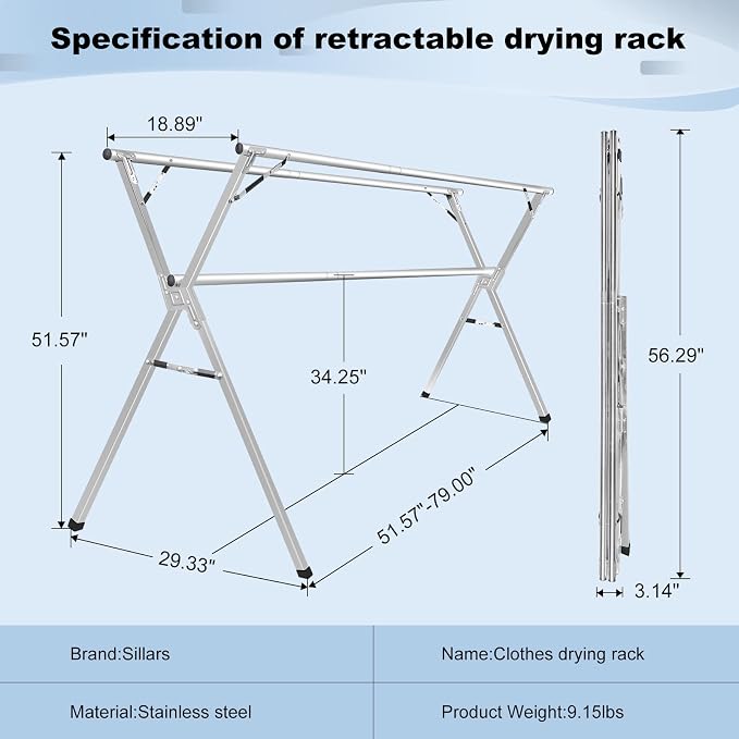 Sarahipe Sillars Clothes Drying Rack, 79 inches Laundry Drying Rack Clothing Foldable & Collapsible Stainless Steel Heavy Duty Clothing Drying Rack with Windproof Hooks for Indoor Outdoor