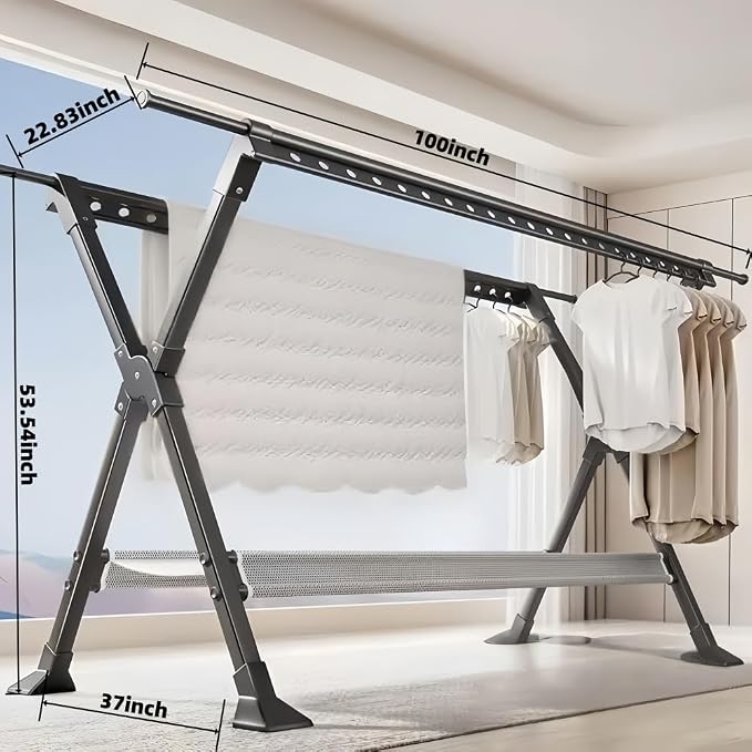Telescopic Folding Floor Clothes Drying Rack, Thickened Steel Pipe, Household Balcony & Outdoor Clothes Hanging Rod with Drying Net (Large)