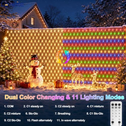 610 LED Net Lights Dual Color Changing, 34.5ft x 5ft Christmas Mesh Lights Clear Wire 11 Modes, Waterproof String Lights for Bushes Xmas Tree Garden Holiday Outdoor Party - Warm White & Multicolor