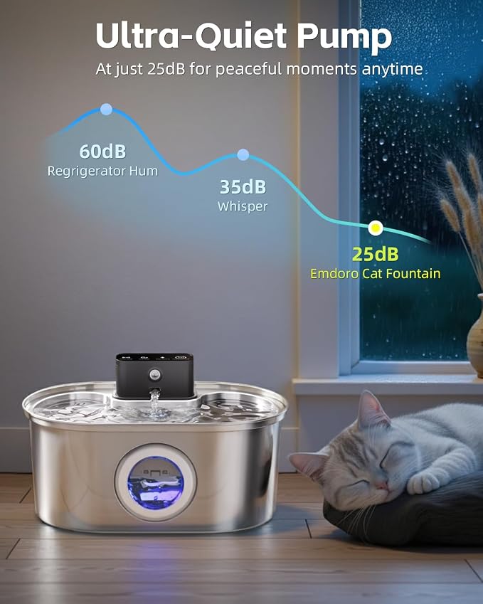 Cordless 3.2L/108oz Stainless Steel Cat Water Fountain Pet Fountain | Rechargeable Pet Water Dispenser - Motion Sensor Activation - Multi-Layer Filtration - Ultra-Quiet Pump (1 Filters)