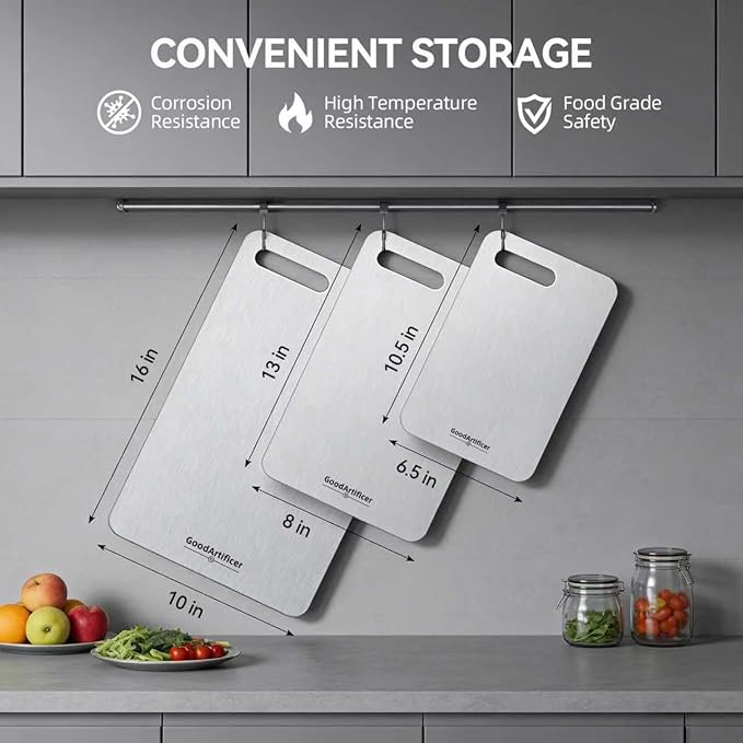 100% Pure Titanium Cutting Board for Kitchen Double-Sided Non-Toxic Titanium Cutting Board with Handle, Dishwasher Safe Chopping Board for Meat, Vegetables & Fruits, Cutting Board Set in S/M/L Sizes