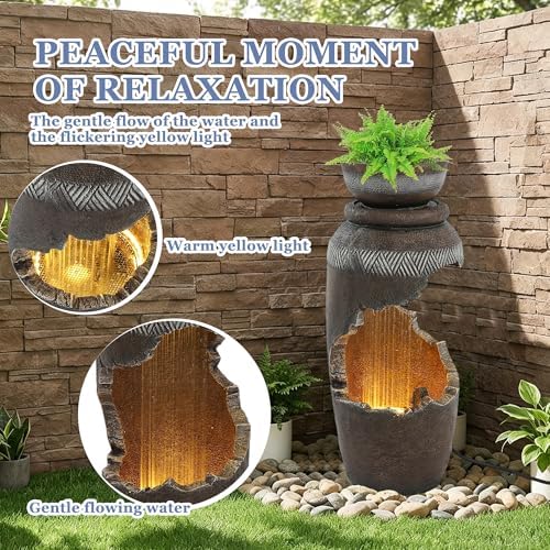 Grepatio Outdoor Water Fountain with LED Light, Tiered Urn Water Fountain with Planter, 30" H Large Outdoor Cascading Fountains with Waterfall for Garden, Yard, Deck Decor with Cracked Urn Look