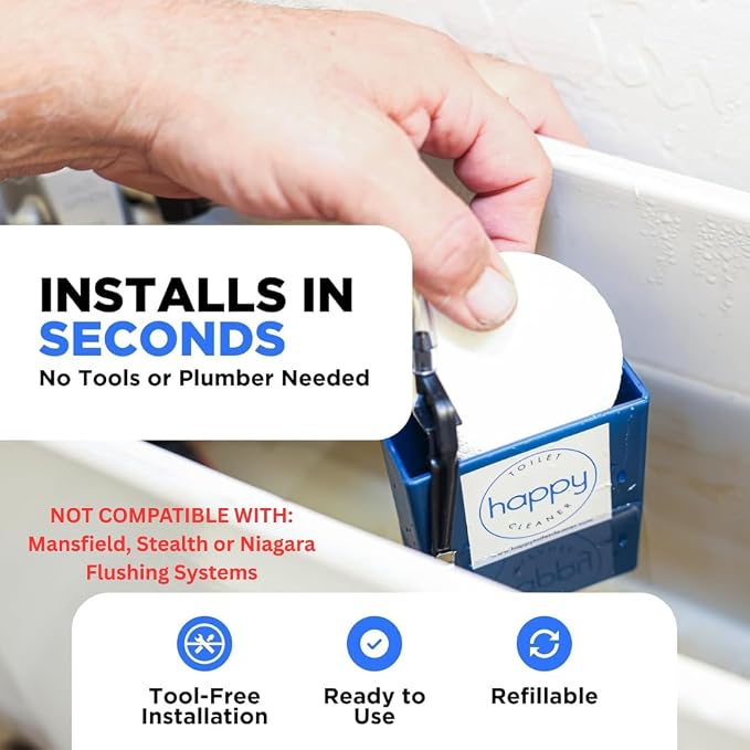 Happy Toilet Cleaner Original Toilet Bowl Tablet Holder Automatic Toilet Bowl Cleaner - Easy to Install Toilet Tablet Holder, Auto Toilet Cleaning System in Tank Caddy, Septic Safe Flush, Made in USA