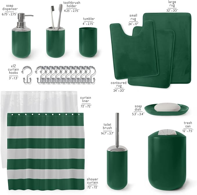 Clara Clark Bathroom Set - Green Bathroom Accessories Set, Bathroom Sets with Shower Curtain and Rugs, 23PC Shower Curtain Set with Liner, Soap Dispenser, Soap Dish, Toilet Brush Holder, and Trash Can