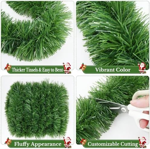4Pcs Total 200 Ft Green Christmas Garland Decorations, Christmas Artificial Pine Greenery Garland Outdoor Indoor Decor, Soft PVC Xmas Garland for Stairs Railing Window Christmas Holiday Decor