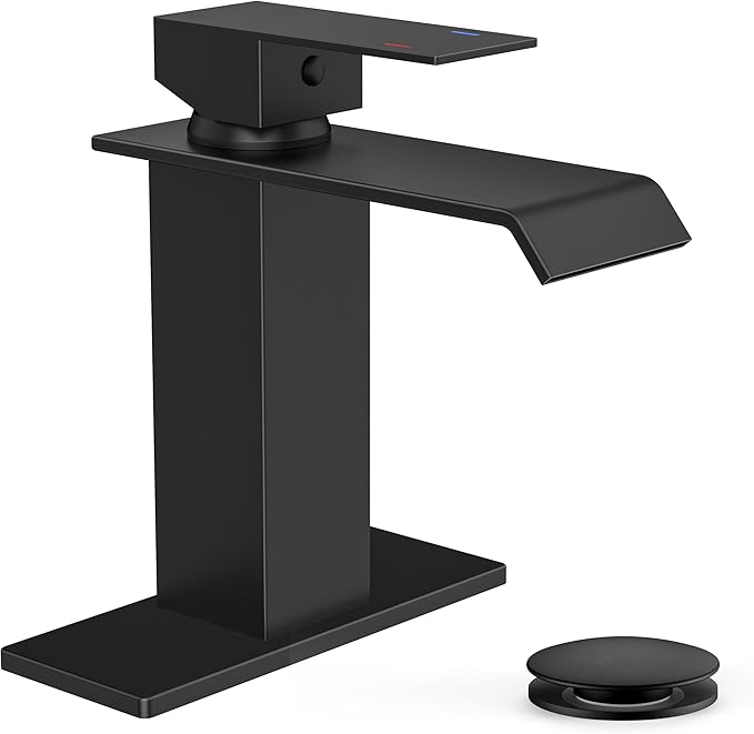 FORIOUS Bathroom Faucet Matte Black Modern Waterfall Bathroom Sink Faucet 1 or 3 Hole Single Handle with Deck Plate and Drain, Suitable for Vanity Rv Camper Commerical