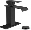 FORIOUS Bathroom Faucet Matte Black Modern Waterfall Bathroom Sink Faucet 1 or 3 Hole Single Handle with Deck Plate and Drain, Suitable for Vanity Rv Camper Commerical