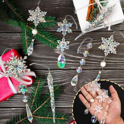 Crystal Christmas Tree Ornaments, 32pcs Iridescent Acrylic Snowflake Icicle