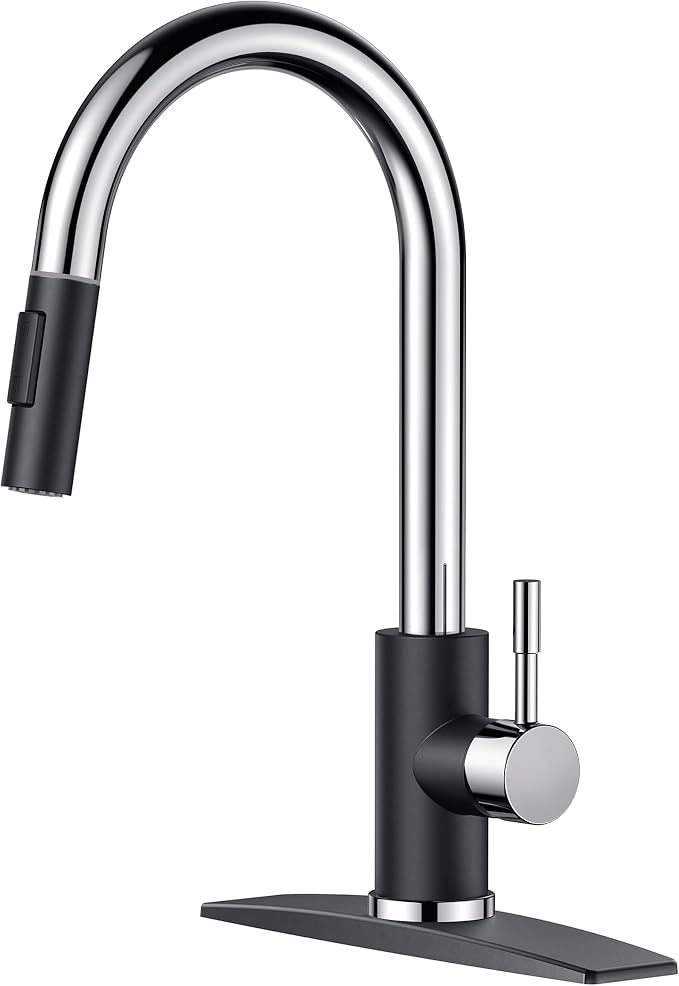FORIOUS Kitchen Faucet with Pull Down Sprayer, High Arc Modern Classic Sink Faucet Stainless Steel with Deck Plate Fit for 1 or 3 Hole for Pot Filler Bar Farmhouse Laundry Rv, Black Chrome