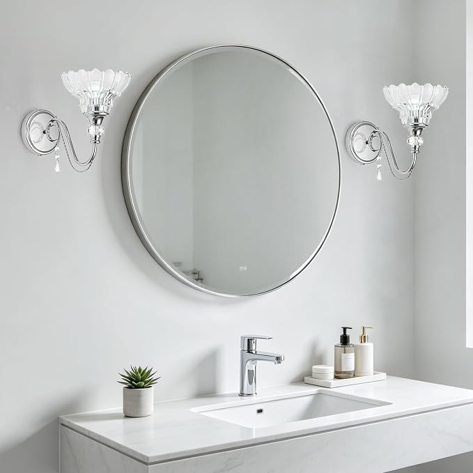 1 Piece Brushed Chrome Finish Wall Sconce, 1-Light Modern Wall Sconce with Hanging Crystal Accents and Flower-Shaped Clear Shades for Bathroom Bedroom Living Room,Modern Vanity Light