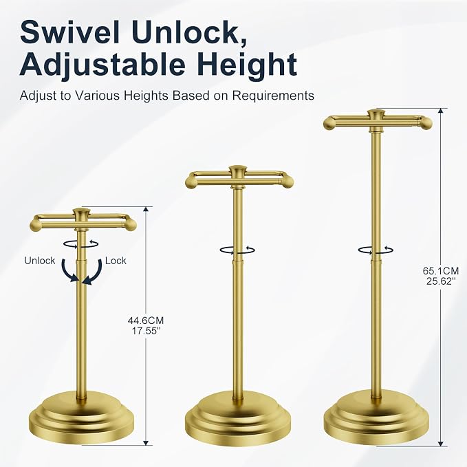 Bathroom Toilet Paper Holder Stand, Brushed Gold Toilet Paper Holder Free Standing, Stainless Steel Pivoting Toilet Tissue Roll Holder，Adjustable Height (14.76'' to 23.36'') Paper Holder